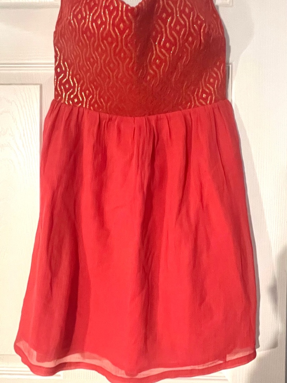 Rocy Coral Strapless Party Dress with Gold Accents